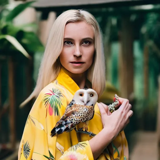 Image similar to head to shoulder portrait photograph of an elegant blond woman wearing a yellow kimono with a very detailed barn owl on her shoulder!!! in a tropical greenhouse. looking at the camera!!. super resolution. 85 mm f1.8 lens.bokeh. graflex. by Alessio albi !