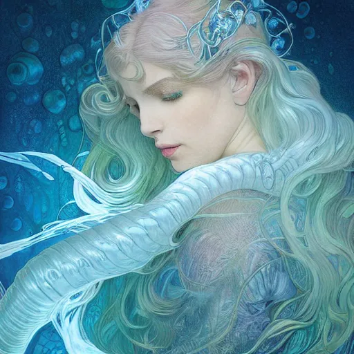 Image similar to an underwater photographic portrait of a dreaming anthropomorphic bioluminescent water wave, fantasy, intricate, elegant, highly detailed, digital painting, artstation, concept art, smooth, sharp focus, illustration, art by artgerm and h r giger and alphonse mucha