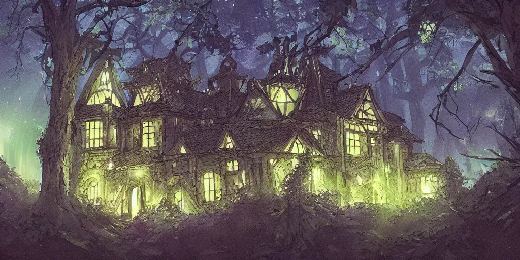 Prompt: manor in the middle of the forest, at night, medieval!!!!, green, dark blue!!!!, bright, artstation, detailled, manga!!!, fantasy!!!!!!