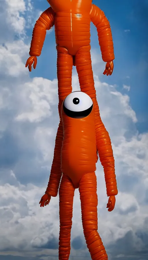 Prompt: a single lone still slender figurine of a tall giant inflated space man action figure wearing over sized orange puffy bomber jacket, long bendy arms and legs, googly eyes, tareme eyes, small head, personification, dynamic pose, detailed product photo, tone mapped, beautiful composition, 8 5 mm, f 5. 8, soft lighting