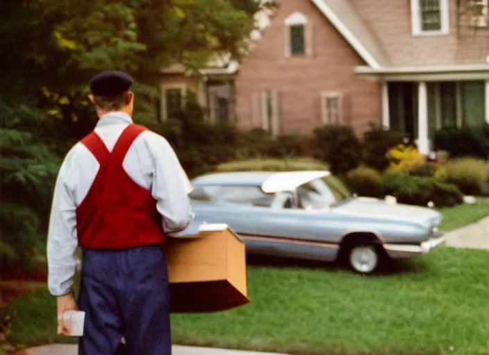 Prompt: a 3 5 mm photo from the back of a mailman delivering the mail to a suburban house in the 1 9 6 0 s, bokeh, canon 5 0 mm, cinematic lighting, dramatic, film, photography, golden hour, depth of field, award - winning, 3 5 mm film grain