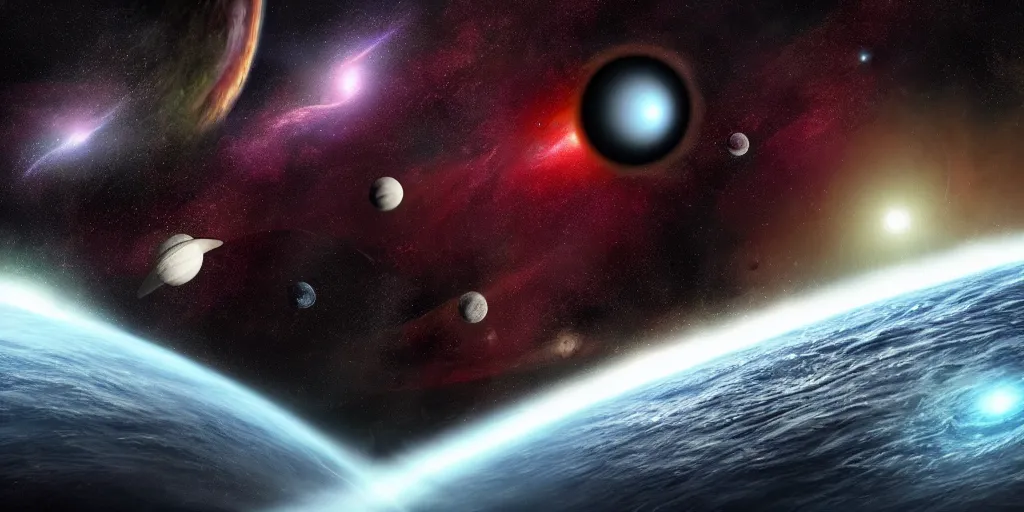 Image similar to concept art of black holes surrounding a planet