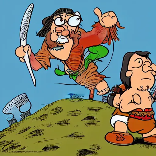 Prompt: groo the wanderer and rufferto in an epic pose on top of a mountain illustration by sergio aragones