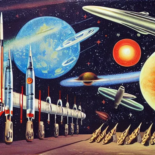 Image similar to rough texture, tempera, rockets, astronauts and space colonies, utopian, by david a. hardy, wpa, public works mural, socialist, propaganda