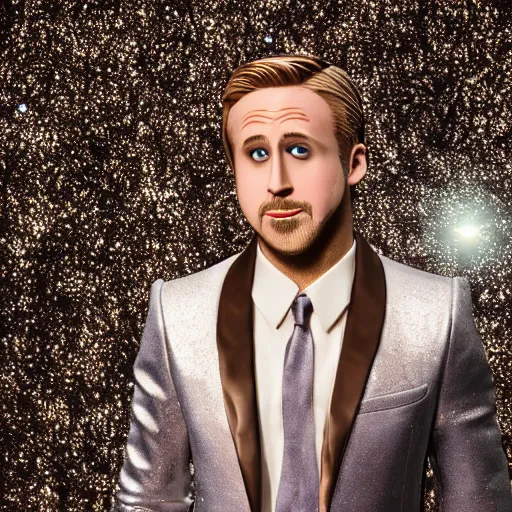 Image similar to Ryan Gosling with silver-violet hair, white eyes and golden glittery dress, wide lens, diorama, 4k,