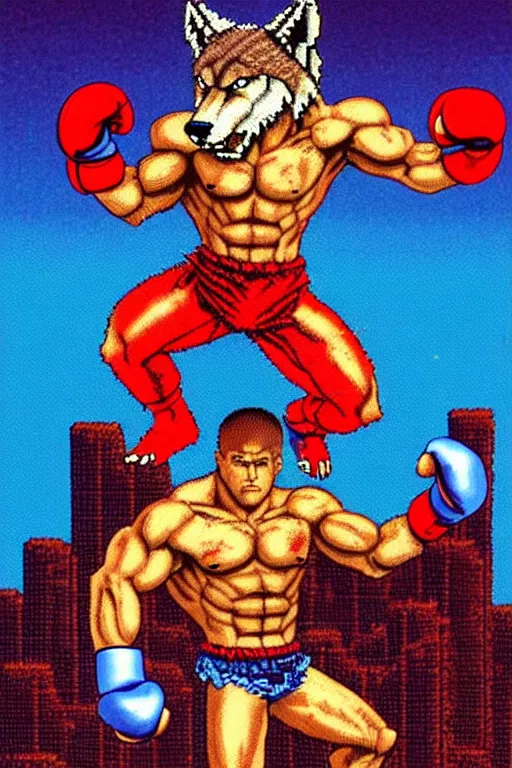 Image similar to extreme long shot. 8 bit nes graphics. antropomorphic muscular masculine wolf. kickboxer fighter, in shorts. wolf head. fine details, very sharp, art from nes game cartridge, 8 0's, vhs artefacts, vaporwave style, marc simonetti and hermann nitsch.