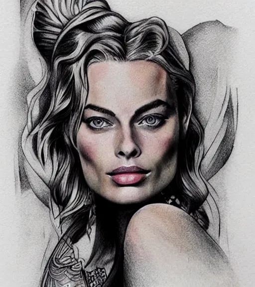 Image similar to tattoo design sketch of margot robbie and beautiful mountain scenery mash up, in the style of varo tattooer, surrealist, amazing detail, sharp