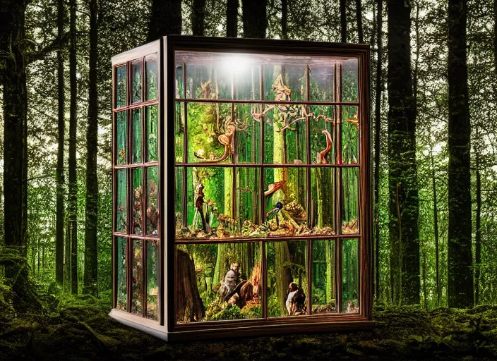 Prompt: photo of a glass box with wonders inside in the forest. Fantasy magic style. Highly detailed 8k. Intricate. Nikon d850 55mm. Award winning photography.