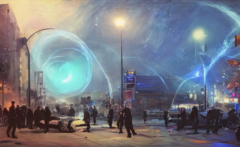 Image similar to people with posters attacking cops, a huge blue spiral - shaped white luminous attractor is floating on the horizon near the sun, stores in los angeles with light screens all over the street, concept art, art for the game, professional lighting, dark night lighting from streetlights, by ilya repin