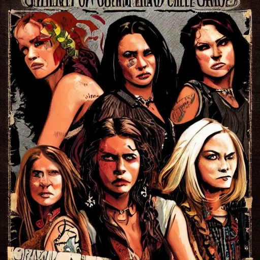 Prompt: portrait of an outlaw female gang, by tom bradstreet.