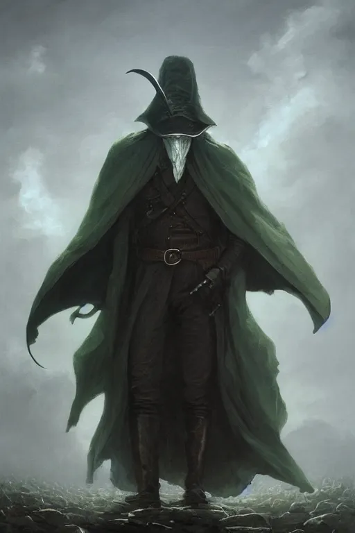 Prompt: An elegant portrait of a green plague doctor by Greg Rutkowski, Dan Mumford, Christophe Vacher, Bloodborne, 4k photorealistic, volumetric lighting, HD, high details, dramatic, beautiful flowing fabric, dark atmosphere, trending on artstation