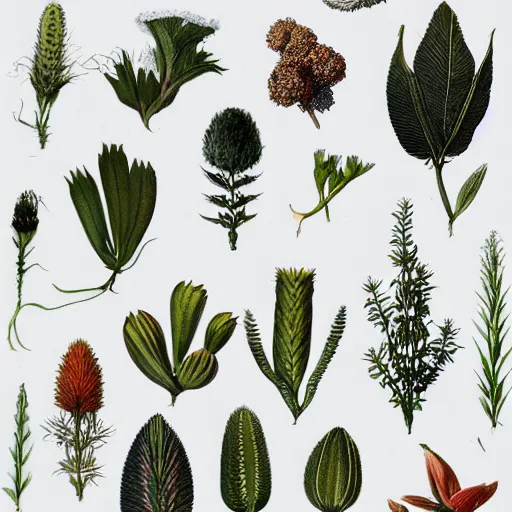 Prompt: various kinds of separate platonic shapes, botanical illustration, white background, 8 k