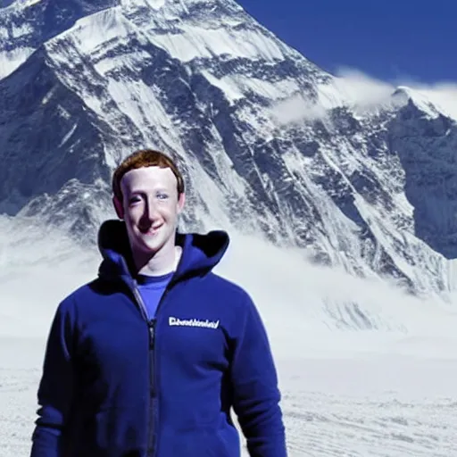 Prompt: Mark Zuckerberg standing on top of Mount Everest