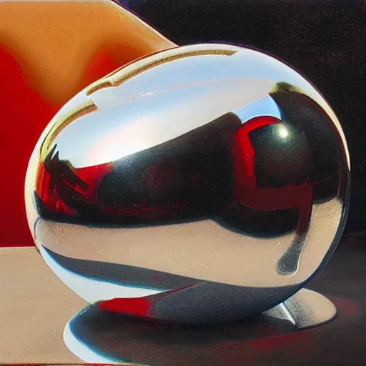 Prompt: chrome spheres on a red cube by mort kunstler