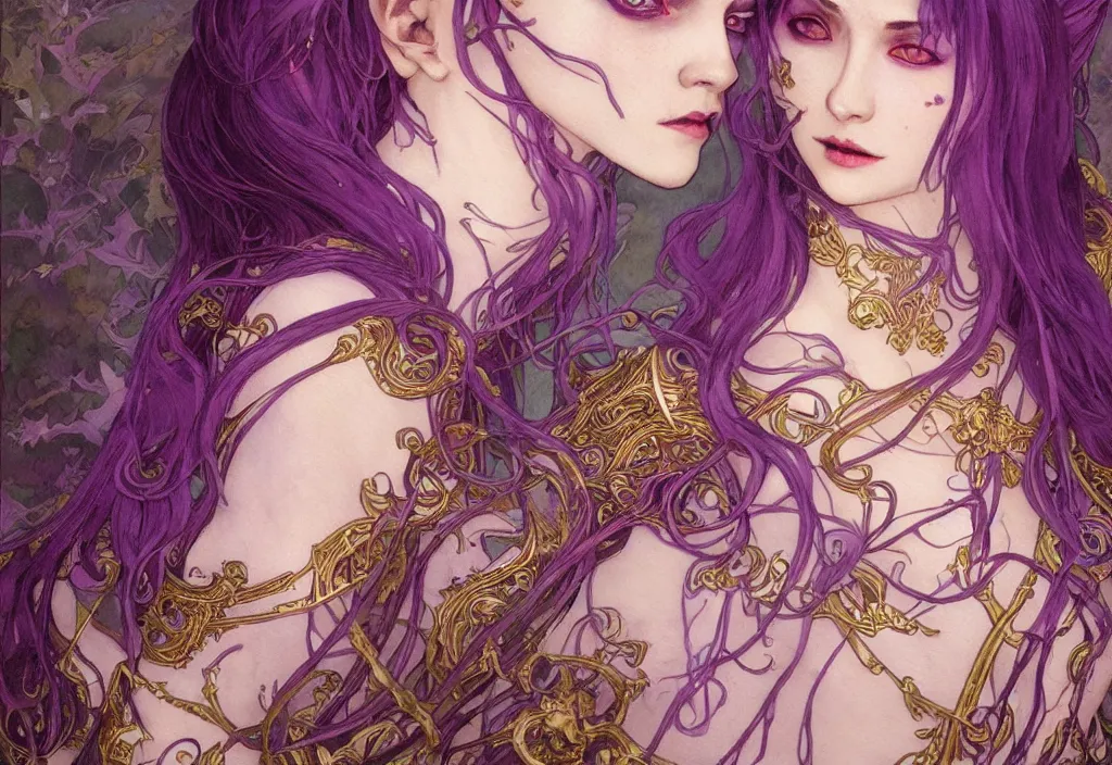 Image similar to vampire with purple hair in armor, highly detailed, very intricate, art nouveau, gold filigree, romantic storybook fantasy, soft cinematic lighting, award - winning, disney concept art watercolor illustration by mandy jurgens and alphonse mucha and alena aenami, pastel color palette, featured on artstation