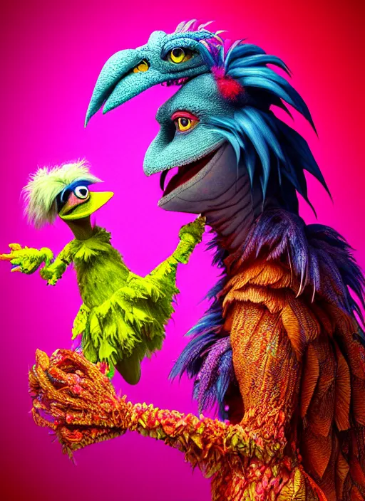 Image similar to hyper detailed 3d render like a Oil painting - kawaii portrait of two Aurora (a beautiful skeksis muppet fae princess protective playful expressive from dark crystal that looks like Anya Taylor-Joy) seen red carpet photoshoot in UVIVF posing in scaly dress to Eat of the Strangling network of yellowcake aerochrome and milky Fruit and His delicate Hands hold of gossamer polyp blossoms bring iridescent fungal flowers whose spores black the foolish stars by Jacek Yerka, Ilya Kuvshinov, Mariusz Lewandowski, Houdini algorithmic generative render, golen ratio, Abstract brush strokes, Masterpiece, Edward Hopper and James Gilleard, Zdzislaw Beksinski, Mark Ryden, Wolfgang Lettl, hints of Yayoi Kasuma and Dr. Seuss, octane render, 8k