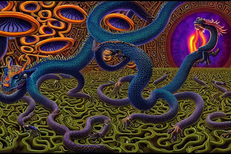 Image similar to a detailed digital art painting of a cellshaded cyberpunk ornate magick oni dragon with occult futuristic effigy of a beautiful field of mushrooms that is a adorable leopard atomic latent snakes in between ferret biomorphic molecular psychedelic hallucinations in the style of escher, alex grey, stephen gammell inspired by realism, symbolism, magical realism and dark fantasy, crisp