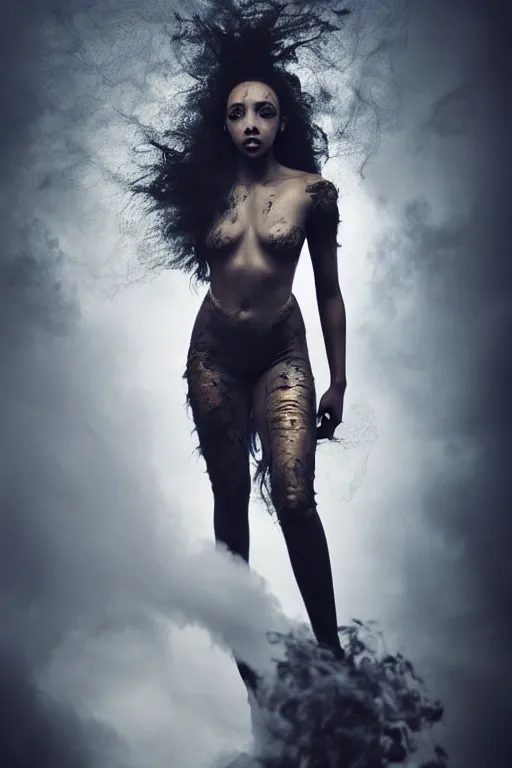 Image similar to photoshoot of tinashe as mysterious dark goddess of death, realism, clouds, swirling energy, torn fabric, elaborate ornate growth, gilded relief, volumetric lighting, light shafts, ambient light, trending on artstation, by alessio albi