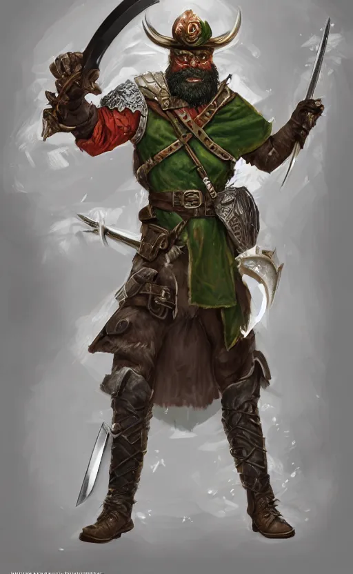 Image similar to strong young man, photorealistic bugbear ranger holding sword, fire magic, black beard, dungeons and dragons, pathfinder, roleplaying game art, hunters gear, jeweled ornate leather and steel armour, concept art, character design on white background, by norman rockwell, makoto shinkai, kim jung giu, artstation trending, poster art, colours red and green