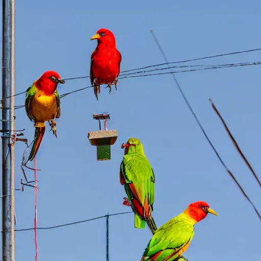 Image similar to red, yellow, and green birds sitting on a power line