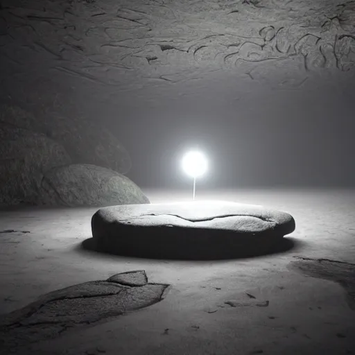 Prompt: a large boulder rock with a metallic finish is embedded in a circular matte black industsrial stage in the center of a dark space, a ring of overhead lights cast onto the rock and it throws caustic reflections into space, low misty atmosphere, hyper realistic image in the style of jeremy geddes but photo real, dark black space, 8k octane render