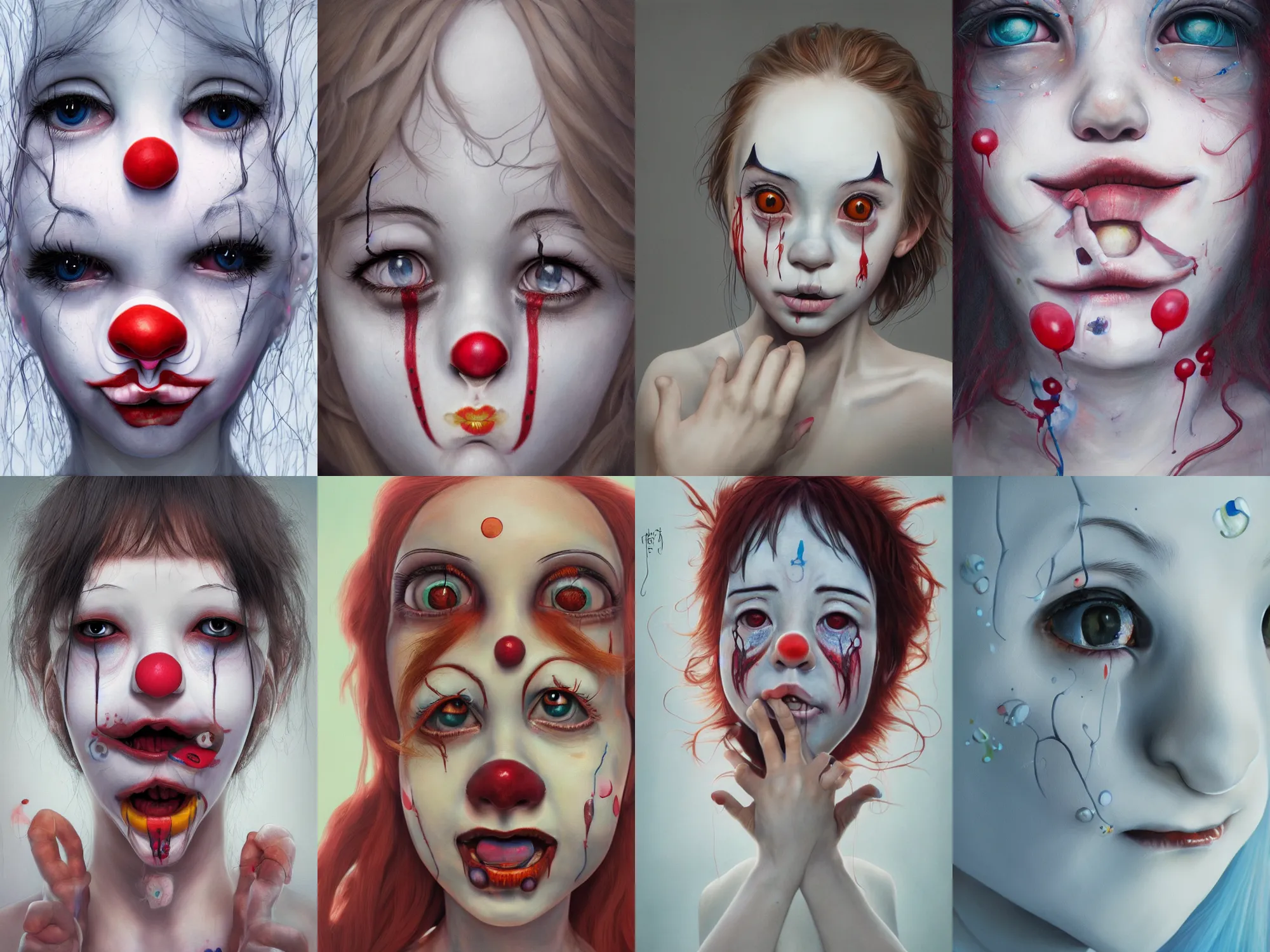 Image similar to detailed painting of clown girl crying, piercing eyes, james jean, miho hirano, hyperrealistic, octane render, ambient light, dynamic lighting