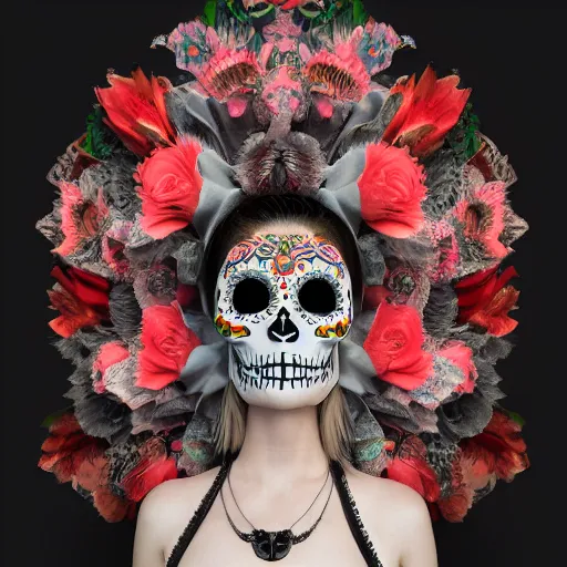 Image similar to lady, mid - waist self - portrait, perfect symmetry, intricate, dia de los muertos, skulls and flowers mask, aztec ultra detailed feathered dress 4 k resolution, octane rendering, ultra realistic, photo realism, beeple, 2 0 mm