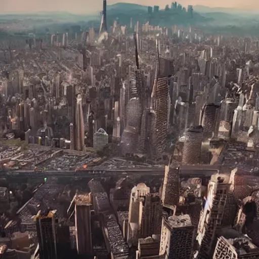 Image similar to Beautiful cinematic scene of a gigantic tower watching over a city, on top of a mountain, epic, megalophobia, cinematic lighting, insanely detailed, directed by Denis Villeneuve and Wes Anderson, filmic