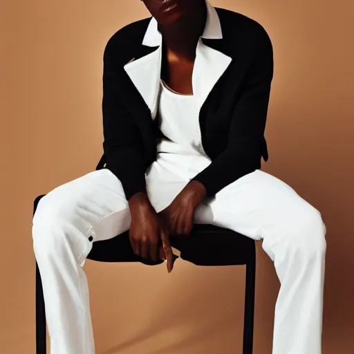 Prompt: close up of face of black fashion model, sitting on chair, beige colors, official jil sander editorial, highly detailed