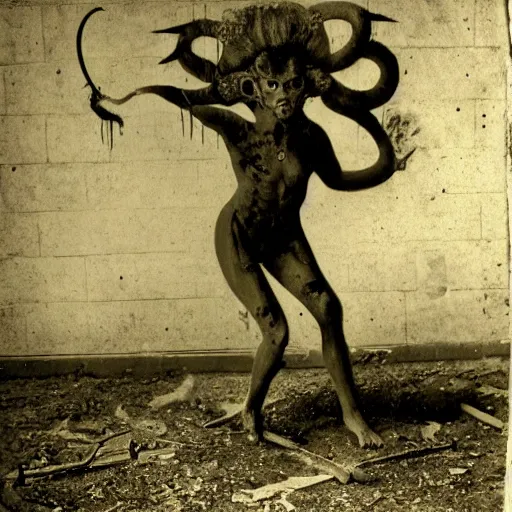 Image similar to 1830 photo of an ancient demon-girl devouring his own soul on an abandoned hospital, spooky