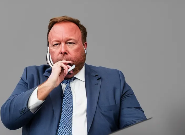 Prompt: dslr photo still of infowars host alex jones in a blue suit fat grey beard and mustache!!! depressed!!! in an!!! apple store trying to get his phone deleted!!!, 5 2 mm f 1. 8