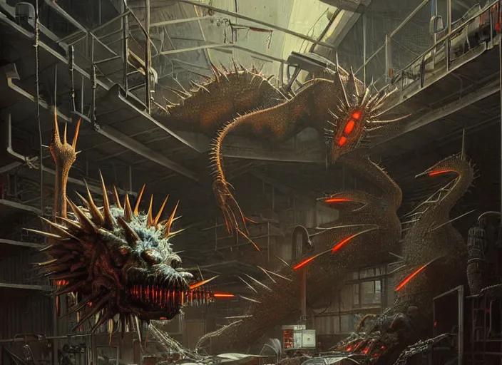 Image similar to scene inside a gas station with harsh fluorescent industrial lighting, giant monstrous aggressive spiked creature screaming at the camera, spikes like needles, needles, thin spikes, epic science fiction horror digital matte painting by Moebius and Mark Brooks (and Greg Rutkowski), extremely detailed, artstation