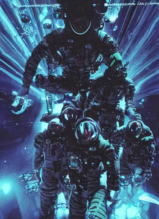 Image similar to astronauts in dark void underwater - complex and hyperdetailed technical suit. reflection and dispersion materials. rays and dispersion of light. volumetric light. f / 3 2. noise film photo. flash photography. ultra realistic, wide angle. poster by wayne barlowe, hajime sorayama aaron horkey, craig mullins