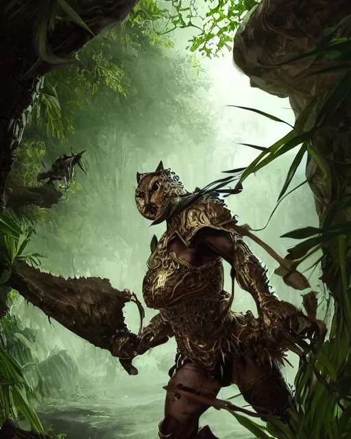 Image similar to Panther warrior in armor sneaking in jungle, portrait, magic the gathering artwork, D&D, fantasy, cinematic lighting, centered, symmetrical, highly detailed, digital painting, artstation, concept art, smooth, sharp focus, illustration, volumetric lighting, epic Composition, 8k, art by Akihiko Yoshida and Greg Rutkowski and Craig Mullins, oil painting, cgsociety