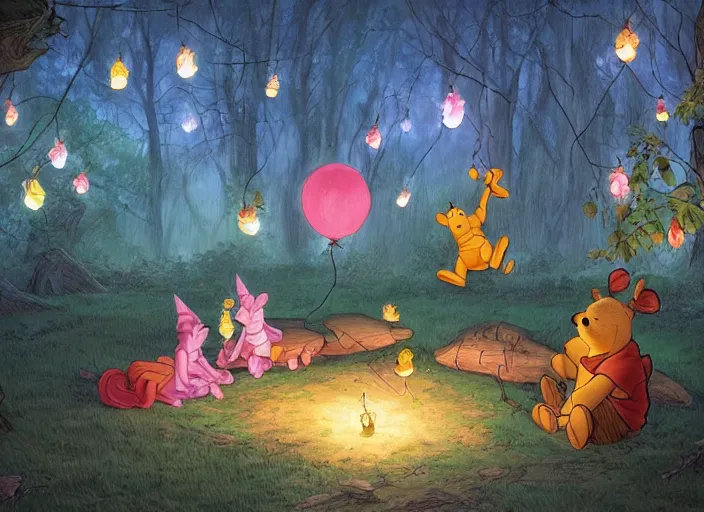 Image similar to concept art of a birthday party in the woods at night with winnie the pooh characters, paper lanterns and fairy lights, detailed, realistic, cel shaded, in the style of makoto shinkai and moebius and peter mohrbacher and james gurney