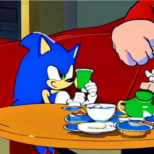 Image similar to sonic the hedgehog ussr drinking tea with stalin