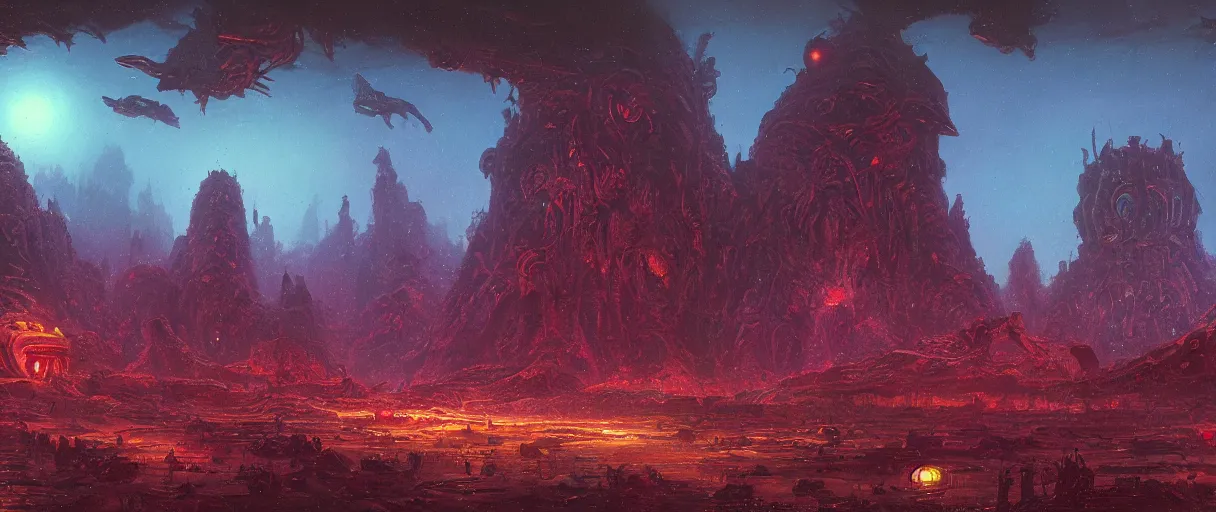 Prompt: a huge monster in a fantastic landscape with alien artifacts, by Paul Lehr, highly detailed matte painting, artstation,