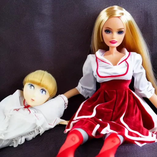 Prompt: anime barbie doll, 5 dolls in one photo, in red velvet stockings, a nurse's dress, full length, heels on her feet