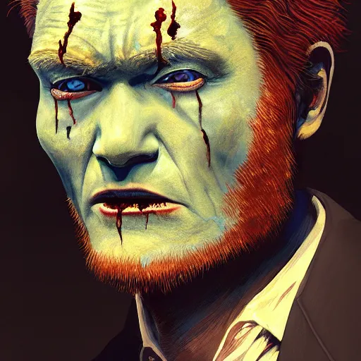 Image similar to color head portrait of conan o'brien as a zombie, 7 days to die zombie, gritty background, fine art, award winning, intricate, elegant, sharp focus, cinematic lighting, digital painting, 8 k concept art, art by michael hussar, art by brom, art by guweiz and z. w. gu, 8 k