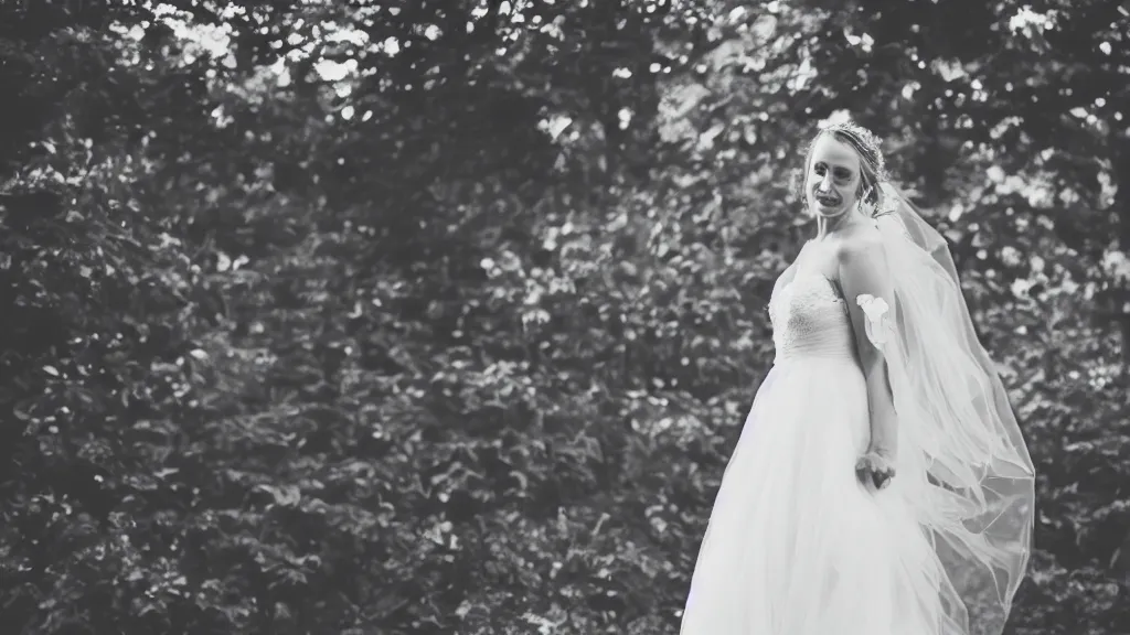 Prompt: a bride in a wedding dress with a bokeh effect in the background.