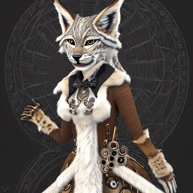 Image similar to the portrait of anthropomorphic lynx fursona wearing a steampunk dress as unimaginably beautiful, gorgeous, elegant, young lynx, an ultrafine hyperdetailed illustration by hioshiru, intricate linework, white fur, unreal engine 5 highly rendered, global illumination, radiant light, detailed and intricate environment