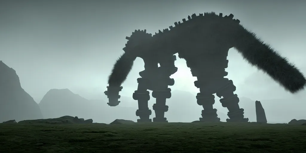 Prompt: colossus from shadow of the colossus with a white fur, fog, dark, fantasy, shadow of the colossus screenshot, unreal engine, digital art