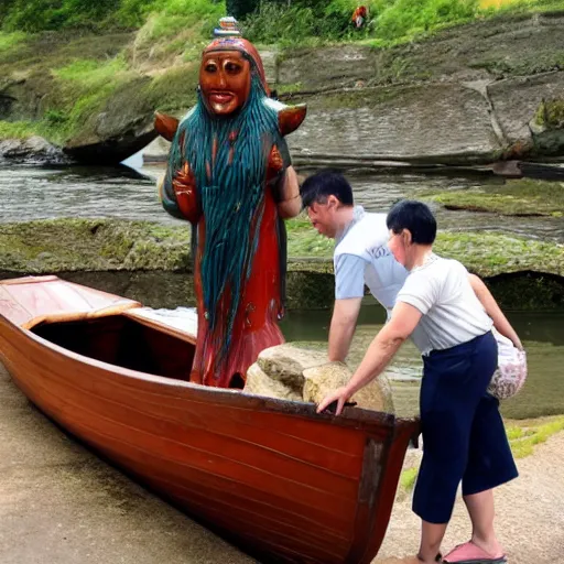 Prompt: giant ancient fish goddess blessing a young man in a boat