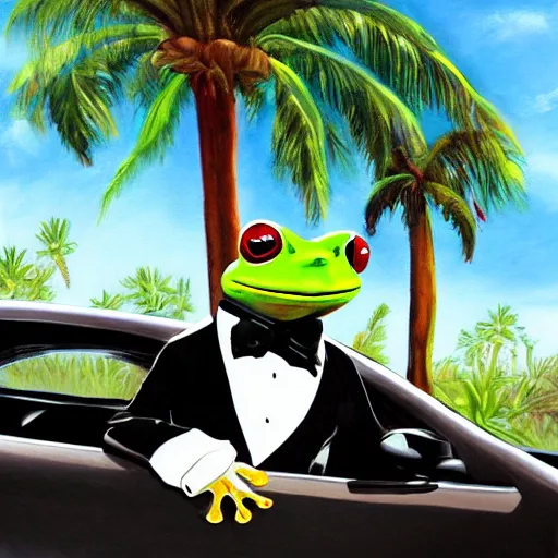 Image similar to photo of a frog in a tuxedo driving car, oil painting, portrait, palm trees