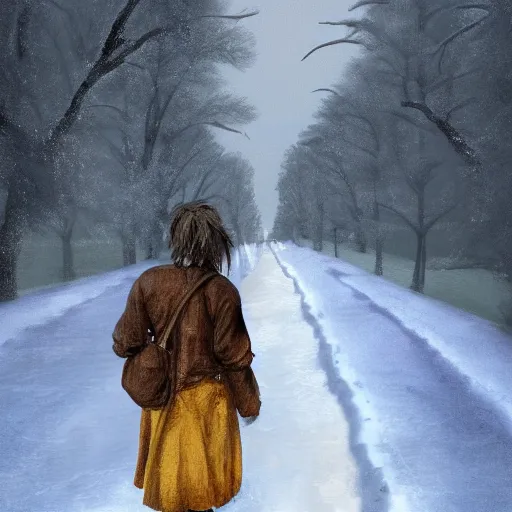 Prompt: ''boy with colored dread hair walking backwards in the snow, sunset, renaissance style painting, 8 k ultra resolution, hd, illustration, featured on artstation, professional painting, digital art''