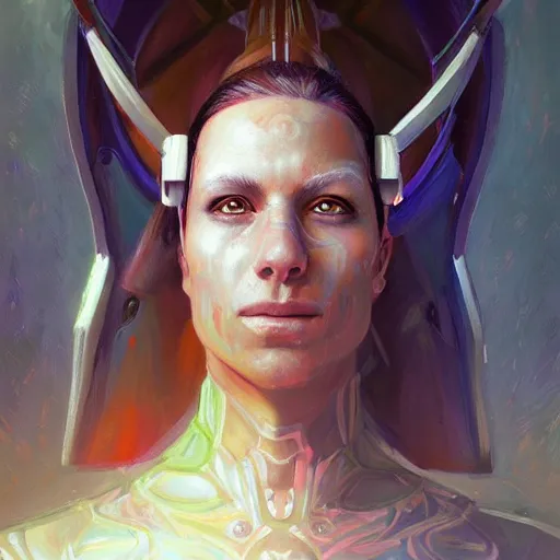 Image similar to portrait of a future metaverse cyborg tech shaman warrior by Mandy Jurgens, cartoon, oil painting , visionary art, symmetric, Magick symbols, holy halo, shipi bo patterns, sci-fi