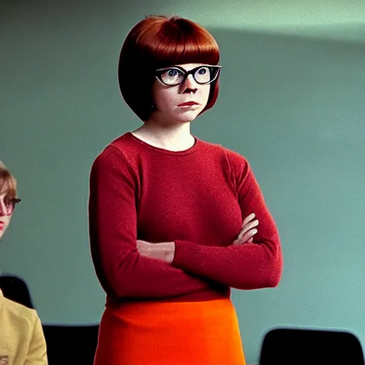 Image similar to Stunning Beautiful Portrait Scene of Velma Dinkley wearing her iconic orange sweater from Scooby Doo in court for falsely accusing someone of being a criminal by Greg Rutkowski. Velma is a teenage female, with chin-length auburn hair and freckles. She is somewhat obscured by her fashion choices, wearing a baggy, thick turtlenecked orange sweater, with a red skirt, knee length orange socks and black Mary Jane shoes. Soft render, Pixiv, artstation