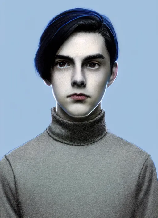 Image similar to portrait of teenage jughead jones wearing a light grey crown, crown, blue turtleneck, 1 9 5 0 s, closed eyes, photorealistic, black hair, glowing lighting, intricate, elegant, glowing lights, highly detailed, digital painting, artstation, concept art, smooth, sharp focus, illustration, art by wlop, mars ravelo and greg rutkowski