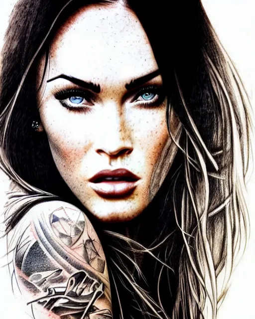 Image similar to double exposure portrait of megan fox with a mountain background, tattoo design sketch, in the style of matteo pasqualin, amazing detail, sharp