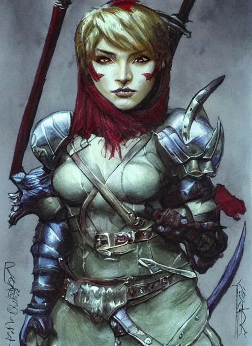 Image similar to portrait of strong female ranger, beautiful! coherent! dungeons and dragons character, by brian froud, strong line, deep color, leather armor, short red hair, high contrast